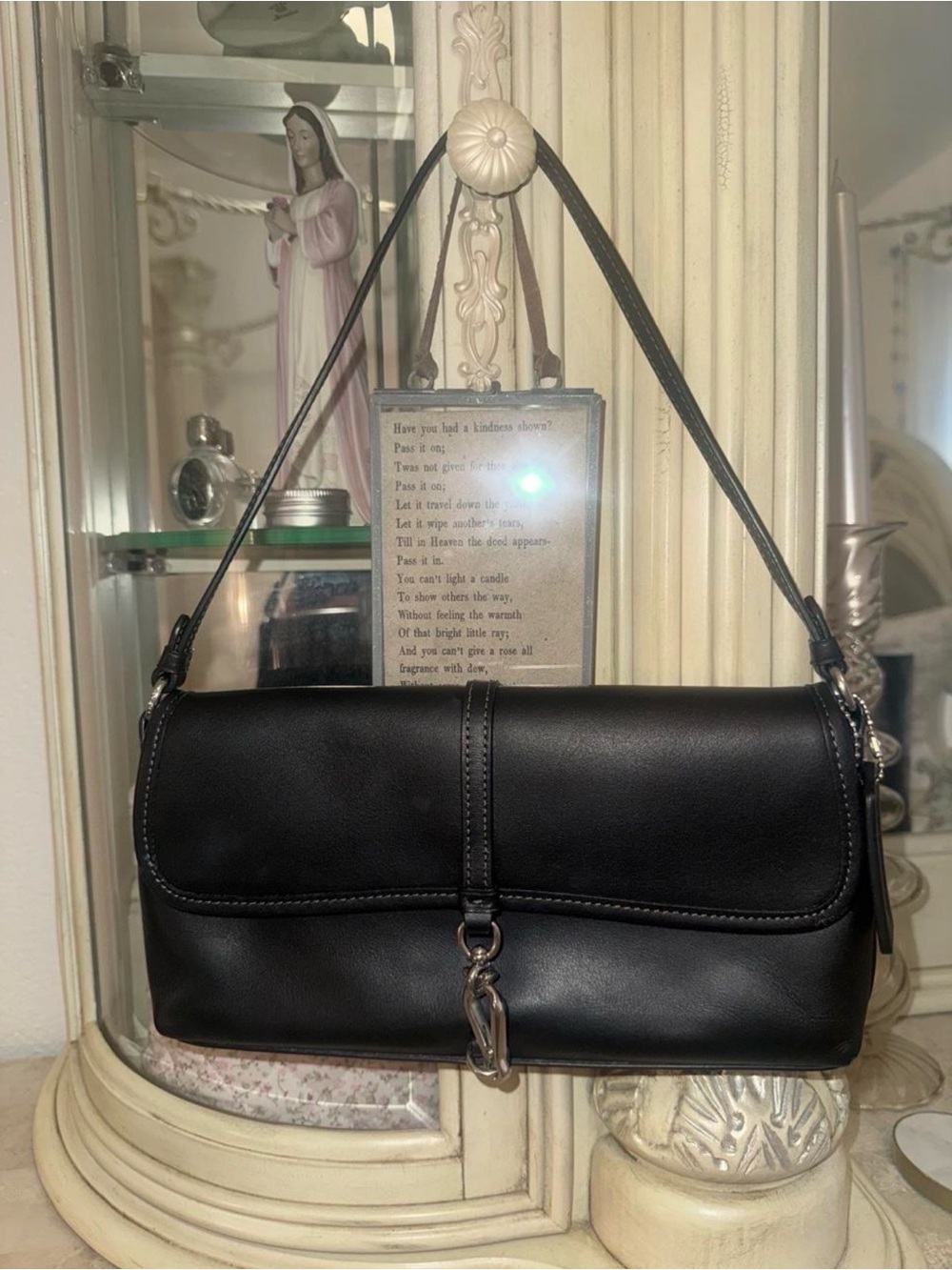 Vintage Coach Hampton Black Leather Shoulder Bag with Silver Hardware